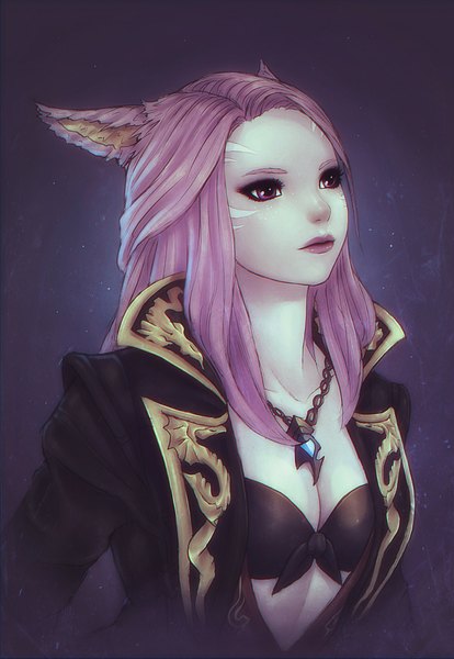 Anime picture 690x1000 with final fantasy final fantasy xiv square enix miqo'te soranamae single long hair tall image animal ears looking away pink hair pink eyes lips cat ears cat girl lipstick facial mark pink lipstick purple background cat eyes