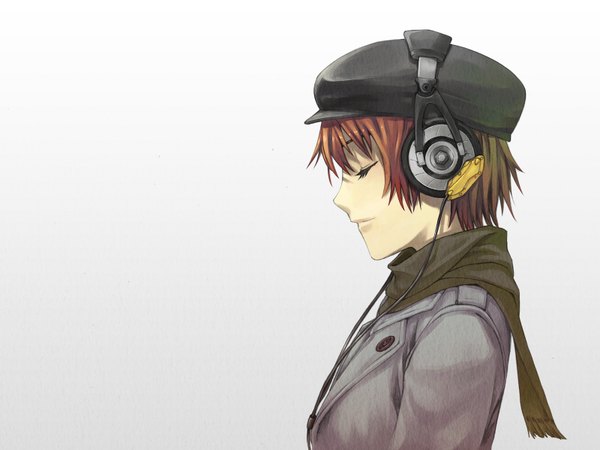 Anime picture 1600x1200 with original gou (double trigger) single highres short hair simple background brown hair upper body eyes closed profile girl hat headphones scarf coat flat cap