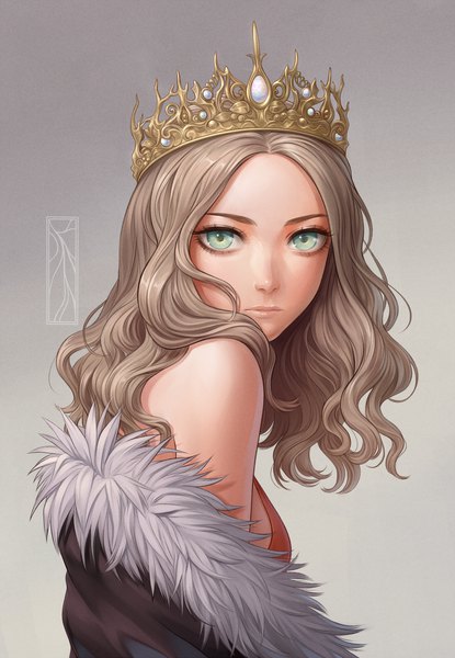 Anime picture 2078x3000 with original kotikomori single long hair tall image looking at viewer fringe highres simple background brown hair green eyes upper body off shoulder fur trim gradient background turning head wavy hair expressionless girl fur