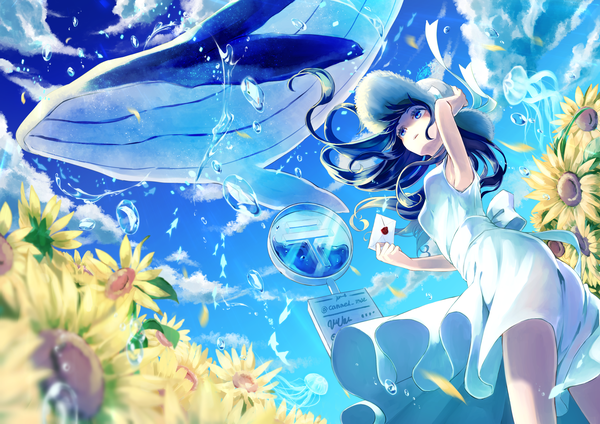 Anime picture 5016x3541 with original canned rose single long hair highres blue eyes black hair absurdres sky cloud (clouds) wind from below hand on head girl dress flower (flowers) hat animal white dress sundress