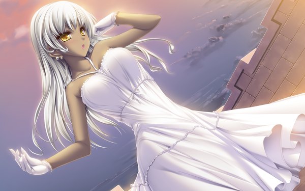 Anime picture 2560x1600 with tenmaso single long hair highres open mouth wide image yellow eyes silver hair dark skin girl gloves sundress