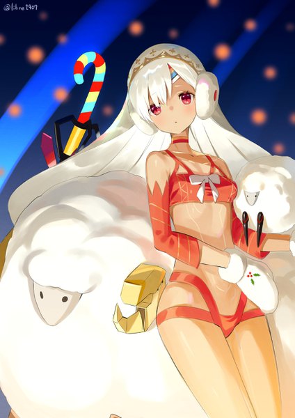 Anime picture 868x1228 with fate (series) fate/grand order altera (fate) altera the santa (fate) zenshin single long hair tall image blush light erotic red eyes signed looking away white hair twitter username girl detached sleeves animal mittens earmuffs