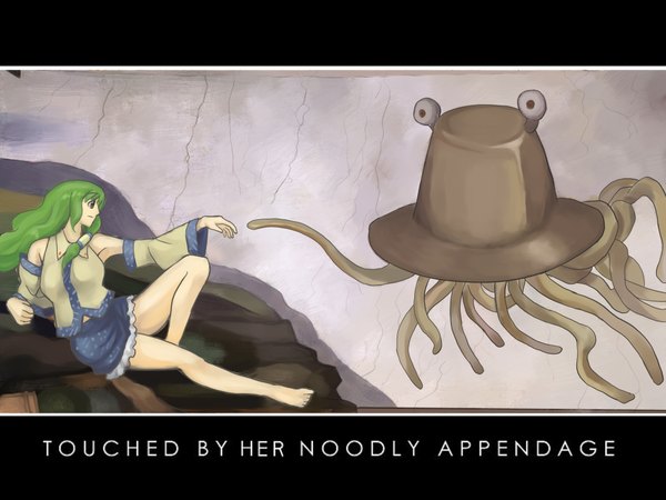 Anime-Bild 2000x1500 mit touhou the creation of adam kochiya sanae moriya suwako 4423 highres barefoot parody humor fine art parody girl tentacles flying spaghetti monster