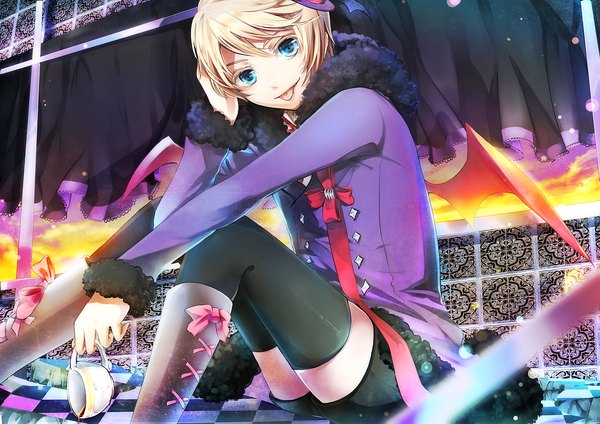 Anime picture 1200x849 with kuroshitsuji a-1 pictures alois trancy lulu season single short hair blue eyes blonde hair :p checkered floor thighhighs boy black thighhighs wings tongue fur cup