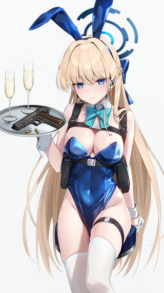 Anime picture 1200x2143 with blue archive toki (blue archive) toki (bunny) (blue archive) greenkohgen single long hair tall image looking at viewer fringe breasts blue eyes light erotic simple background blonde hair hair between eyes large breasts standing white background sitting holding