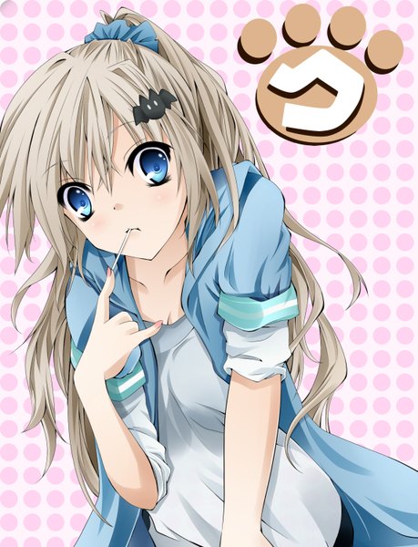 Anime picture 1147x1500 with koshi-kun (artist) single long hair tall image blue eyes white hair ponytail mouth hold girl