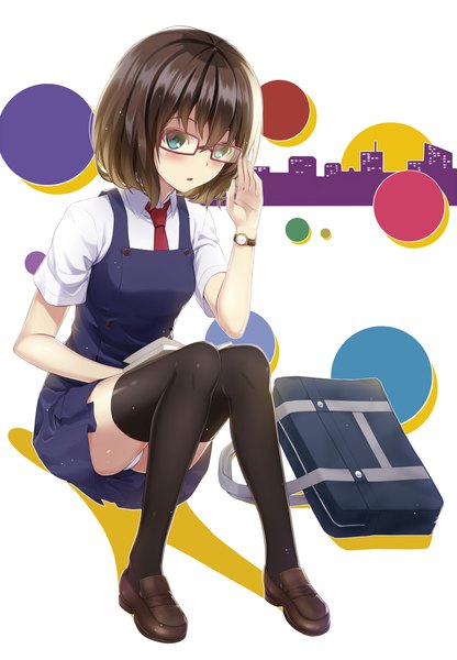 Anime picture 1000x1443 with original seirei911 single tall image looking at viewer blush fringe short hair light erotic hair between eyes brown hair sitting full body bent knee (knees) parted lips aqua eyes pantyshot pantyshot sitting adjusting glasses girl