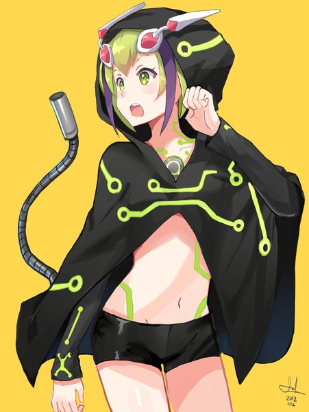 Anime picture 751x1000 with dimension w yurizaki mira kenkaizar single tall image blush short hair open mouth light erotic simple background standing green eyes signed payot looking away green hair bare belly groin dated yellow background