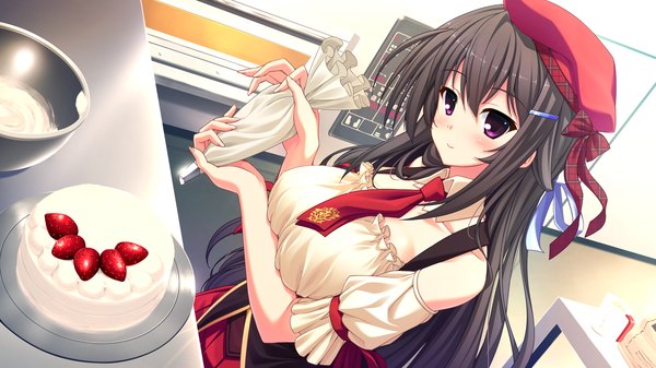 Anime picture 1280x720 with love sweets otonashi kanae single long hair blush black hair wide image purple eyes game cg light smile cooking girl dress bow necktie sweets beret cake