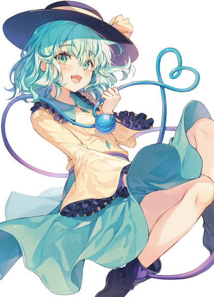 Anime picture 2968x4111 with touhou komeiji koishi ttosom single tall image looking at viewer blush fringe highres short hair open mouth simple background smile white background bent knee (knees) :d aqua eyes aqua hair wide sleeves heart of string