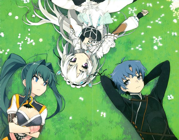 Anime picture 1600x1258 with hitsugi no chaika studio bones chaika trabant akari acura tooru  acura namaniku atk long hair short hair blue eyes purple eyes multiple girls blue hair looking away white hair ponytail lying green hair aqua hair official art grey eyes