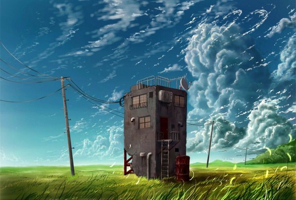 Anime picture 1507x1021 with original cola (pixiv) sky cloud (clouds) wind no people landscape ruins nature plant (plants) building (buildings) grass power lines