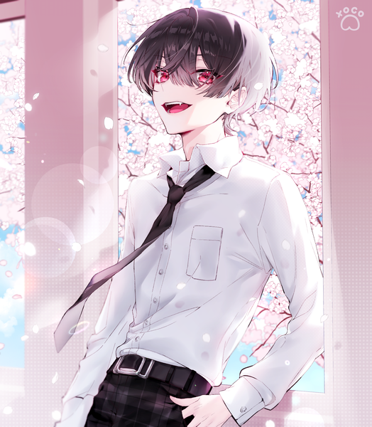 Anime picture 1920x2200 with virtual youtuber nijisanji kuzuha (nijisanji) xoco single tall image fringe highres short hair open mouth black hair hair between eyes red eyes signed :d wind cherry blossoms lens flare hand in pocket boy