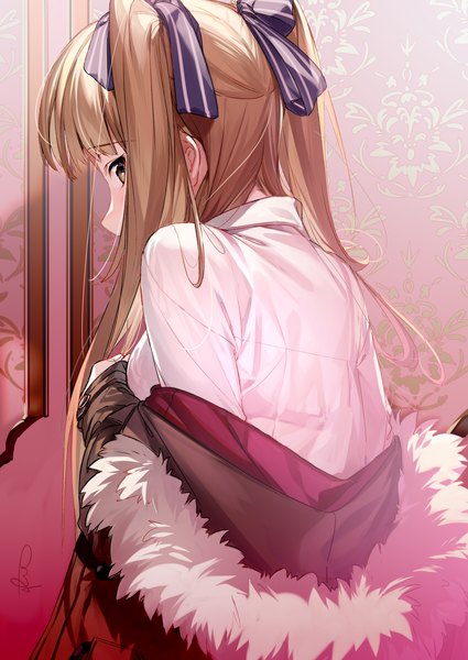 Anime picture 4299x6070 with original almic single long hair tall image looking at viewer fringe highres brown hair brown eyes signed absurdres upper body indoors profile looking back from behind off shoulder two side up fur trim