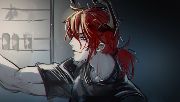 Anime picture 1045x592 with arknights sesa (arknights) ryuuzaki ichi single long hair looking at viewer fringe smile hair between eyes red eyes wide image upper body red hair profile horn (horns) low ponytail muscle boy