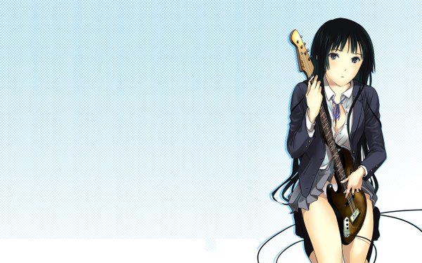 Anime picture 1280x800 with k-on! kyoto animation akiyama mio 3u single long hair light erotic black hair wide image sitting wallpaper third-party edit extended girl musical instrument guitar bass guitar