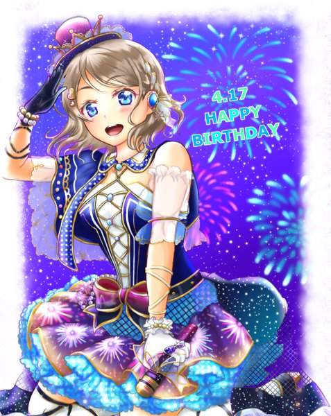 Anime picture 1386x1744 with love live! sunshine!! sunrise (studio) love live! watanabe you shiori (dg7sdr) single tall image looking at viewer blush short hair open mouth blue eyes holding grey hair blue background frilly skirt happy birthday fireworks salute girl