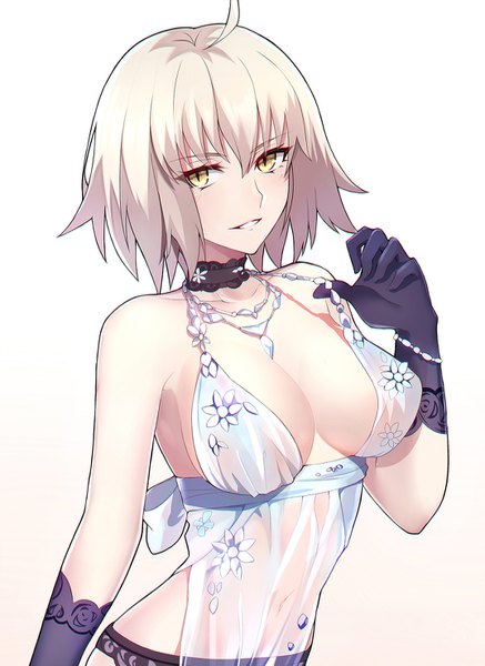 Anime picture 1075x1474 with fate (series) fate/grand order artoria pendragon (all) jeanne d'arc (fate) (all) jeanne d'arc alter (fate) artoria pendragon (lancer alter) shiguru single tall image looking at viewer fringe short hair breasts light erotic simple background hair between eyes white background yellow eyes silver hair upper body