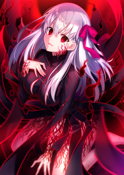 Anime picture 1190x1670 with fate (series) fate/stay night heaven's feel matou sakura dark sakura fuyuki (neigedhiver) single long hair tall image looking at viewer fringe breasts open mouth light erotic hair between eyes red eyes silver hair blurry arm support depth of field