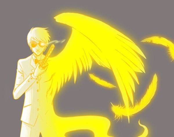 Anime picture 1430x1126 with homestuck dave strider davesprite single looking at viewer short hair simple background blonde hair grey background glowing glowing eye (eyes) ghost boy sword wings bowtie katana pants feather (feathers) sunglasses