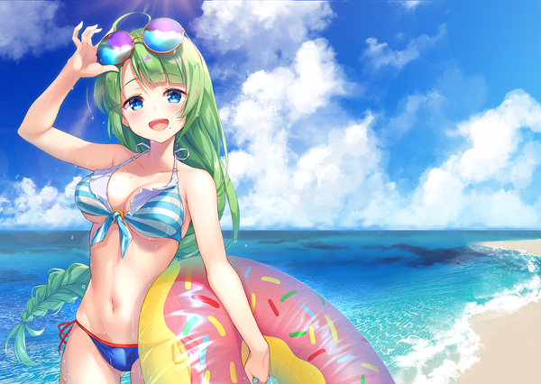Anime picture 1500x1066 with kantai collection yuugumo destroyer mafuyun single long hair looking at viewer blush breasts open mouth blue eyes light erotic sky cloud (clouds) outdoors braid (braids) :d green hair mole wet beach