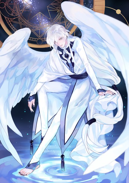 Anime picture 1500x2122 with card captor sakura clamp yue (cardcaptor sakura) masa ashe single tall image looking at viewer sitting full body bent knee (knees) white hair very long hair arm support grey eyes leaning leaning forward angel wings white wings boy wings