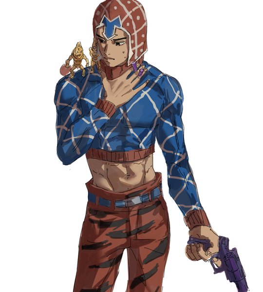 Anime picture 1734x1928 with jojo no kimyou na bouken guido mista sex pistols (stand) null (skev7724) single tall image highres simple background standing white background looking away midriff sweatdrop muscle abs stand (jojo) boy weapon gun cap
