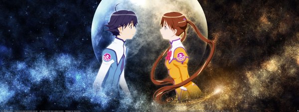 Anime picture 3200x1200 with uchuu no stellvia katase shima highres wide image dualscreen moon otoyama kouta