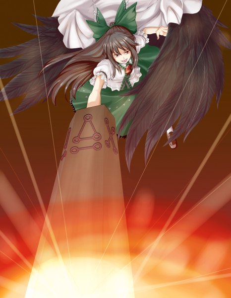 Anime picture 1960x2520 with touhou reiuji utsuho m134 single long hair tall image highres open mouth black hair red eyes arm cannon girl skirt bow weapon hair bow miniskirt shirt wings green skirt