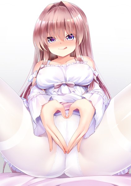 Anime picture 1000x1419 with original aurora (mvv) mvv single long hair tall image looking at viewer blush blue eyes light erotic smile brown hair pantyshot heart hands girl dress underwear panties detached sleeves pantyhose