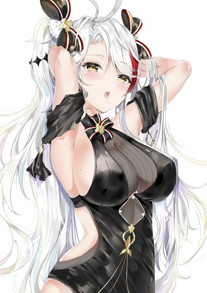 Anime picture 2047x2895 with azur lane prinz eugen (azur lane) prinz eugen (cordial cornflower) (azur lane) yukineko1018 single long hair tall image blush fringe highres breasts open mouth light erotic simple background hair between eyes large breasts standing white background yellow eyes silver hair