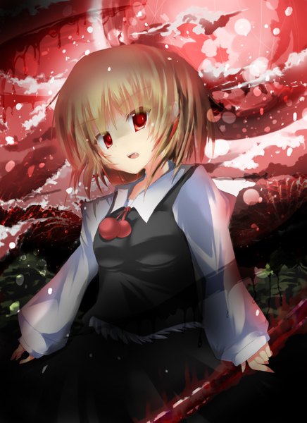 Anime picture 1275x1755 with touhou rumia ex-rumia ha ru single tall image short hair blonde hair red eyes teeth fang (fangs) girl skirt sword skirt set