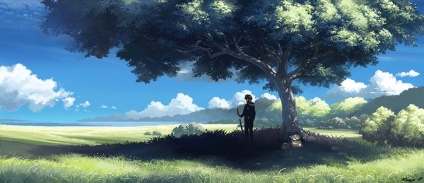 Anime picture 1440x622 with original kyomu (artist) wide image sky cloud (clouds) landscape panorama boy plant (plants) tree (trees) bag