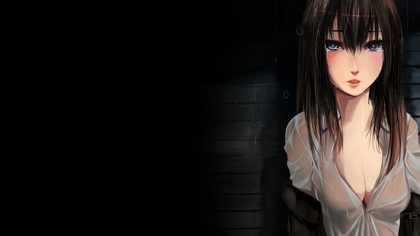 Anime picture 1920x1080 with steins;gate white fox makise kurisu long hair looking at viewer blush highres open mouth blue eyes brown hair wide image wet clothes crying girl shirt jacket