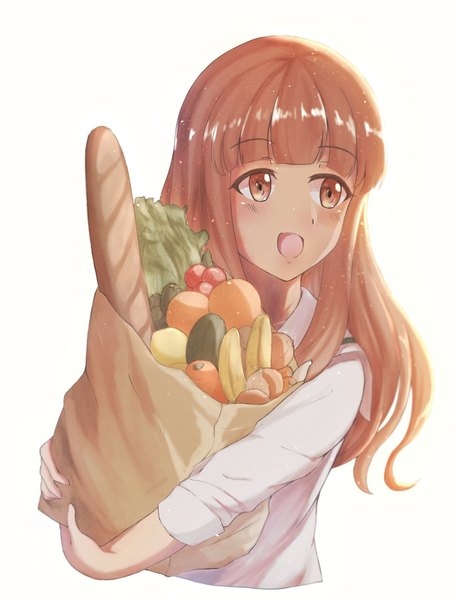 Anime picture 1369x1800 with girls und panzer takebe saori huniend single long hair tall image blush fringe open mouth simple background smile brown hair white background holding brown eyes upper body long sleeves :d girl food