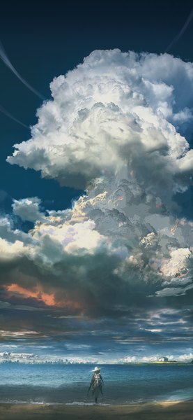 イラスト 1975x4281 と オリジナル couldoh 長身像 highres 立つ 空 cloud (clouds) outdoors from behind ビーチ horizon scenic sand silhouette 女の子 ドレス 帽子 水 海 建物