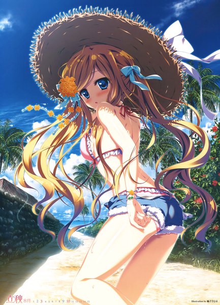 Anime picture 4693x6500 with original yuzuna hiyo long hair tall image blush highres blue eyes light erotic blonde hair absurdres sky cloud (clouds) hair flower scan girl flower (flowers) plant (plants) hat tree (trees) shorts