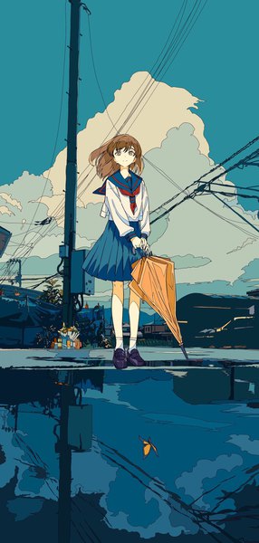 Anime picture 978x2048 with original kogecha (coge ch) single long hair tall image looking at viewer fringe smile hair between eyes brown hair standing holding brown eyes sky cloud (clouds) full body outdoors pleated skirt wind reflection