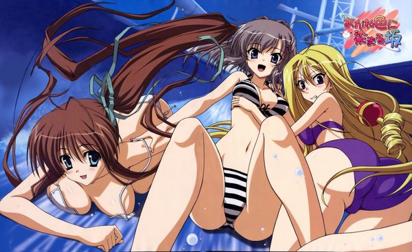 Anime picture 4130x2530 with akane iro ni somaru saka nagase minato katagiri yuuhi ayanokouji karen highres light erotic wide image swimsuit bikini white bikini striped bikini
