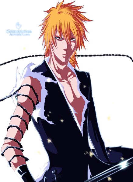 Anime picture 802x1100 with bleach studio pierrot kurosaki ichigo igeerr single tall image short hair traditional clothes japanese clothes pink eyes orange hair coloring torn clothes transparent background muscle boy weapon sword kimono katana