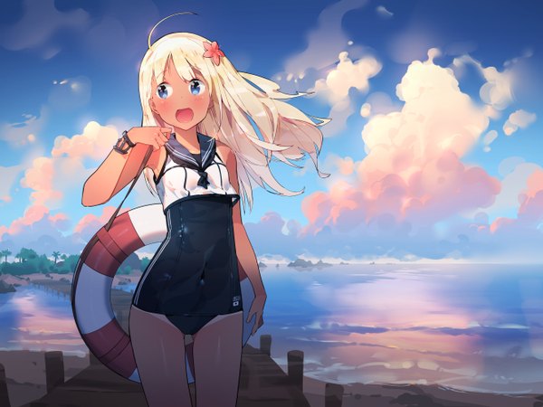 Anime picture 1333x1000 with kantai collection ro-500 submarine ddal single long hair blush fringe open mouth blue eyes light erotic blonde hair bare shoulders holding looking away sky cloud (clouds) ahoge hair flower bare legs reflection