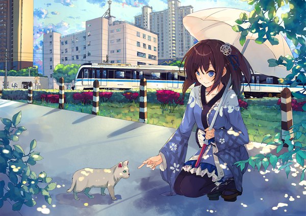 Anime picture 1713x1213 with original hoshino (illyasviel) single long hair blush fringe highres blue eyes smile brown hair holding payot looking away sky cloud (clouds) full body outdoors long sleeves sunlight wide sleeves