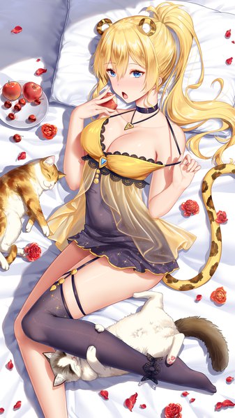Anime picture 1000x1778 with girl cafe gun juno emmons (girl cafe gun) haneru single long hair tall image blush fringe breasts open mouth blue eyes light erotic blonde hair hair between eyes bare shoulders holding animal ears cleavage ponytail tail