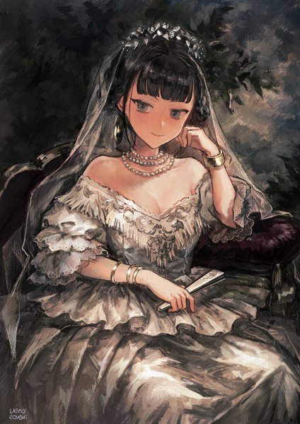 Anime picture 1240x1754 with original ueno zousui single tall image fringe black hair smile sitting holding signed cleavage blunt bangs off shoulder grey eyes portrait head rest girl dress bracelet white dress