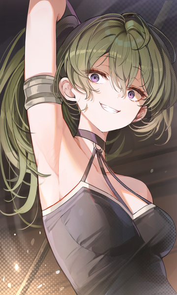 Anime picture 3000x5000 with sousou no frieren ubel (sousou no frieren) misyune single long hair tall image looking at viewer fringe highres smile hair between eyes purple eyes upper body arm up green hair armpit (armpits) grin side ponytail girl