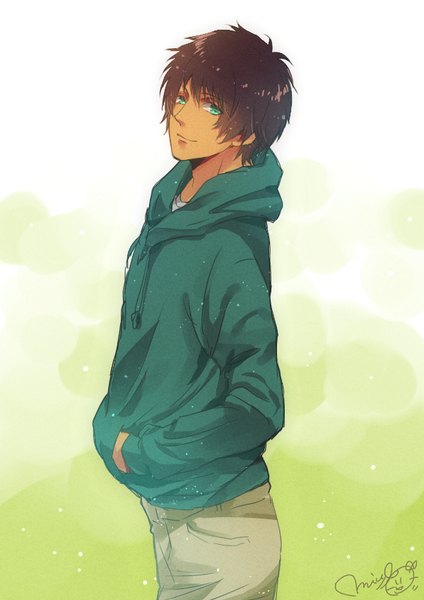 Anime picture 600x848 with uta no prince-sama a-1 pictures aijima cecil nagisa-a single tall image looking at viewer short hair brown hair standing green eyes signed dark skin hands in pockets boy hood hoodie
