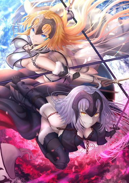 Anime picture 1984x2806 with fate (series) fate/grand order jeanne d'arc (fate) (all) jeanne d'arc alter (fate) jeanne d'arc (fate) penguintake long hair tall image looking at viewer fringe highres breasts blue eyes light erotic blonde hair smile large breasts multiple girls holding yellow eyes