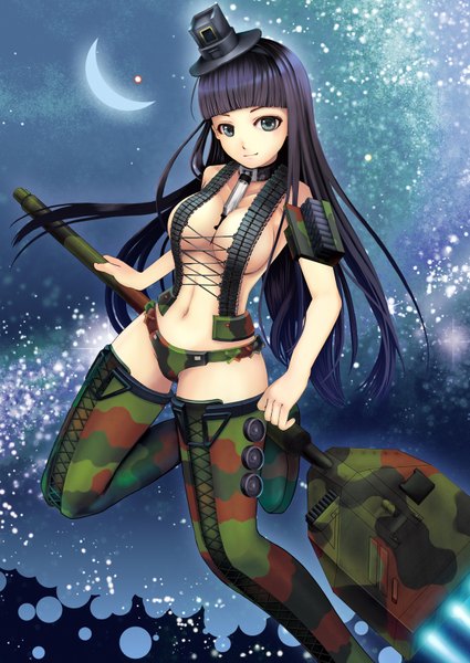 Anime picture 1200x1694 with original amajita single long hair tall image breasts blue eyes light erotic black hair camouflage girl thighhighs navel underwear panties weapon hat