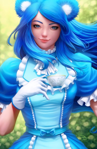 Anime picture 783x1200 with original digiflohw single long hair tall image looking at viewer blue eyes smile holding signed animal ears payot blue hair upper body outdoors wind lips realistic short sleeves puffy sleeves