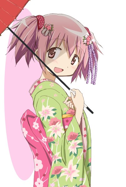 Anime picture 1000x1480 with mahou shoujo madoka magica shaft (studio) kaname madoka kinfuji single tall image looking at viewer blush fringe short hair open mouth simple background white background twintails pink hair traditional clothes japanese clothes pink eyes floral print short twintails